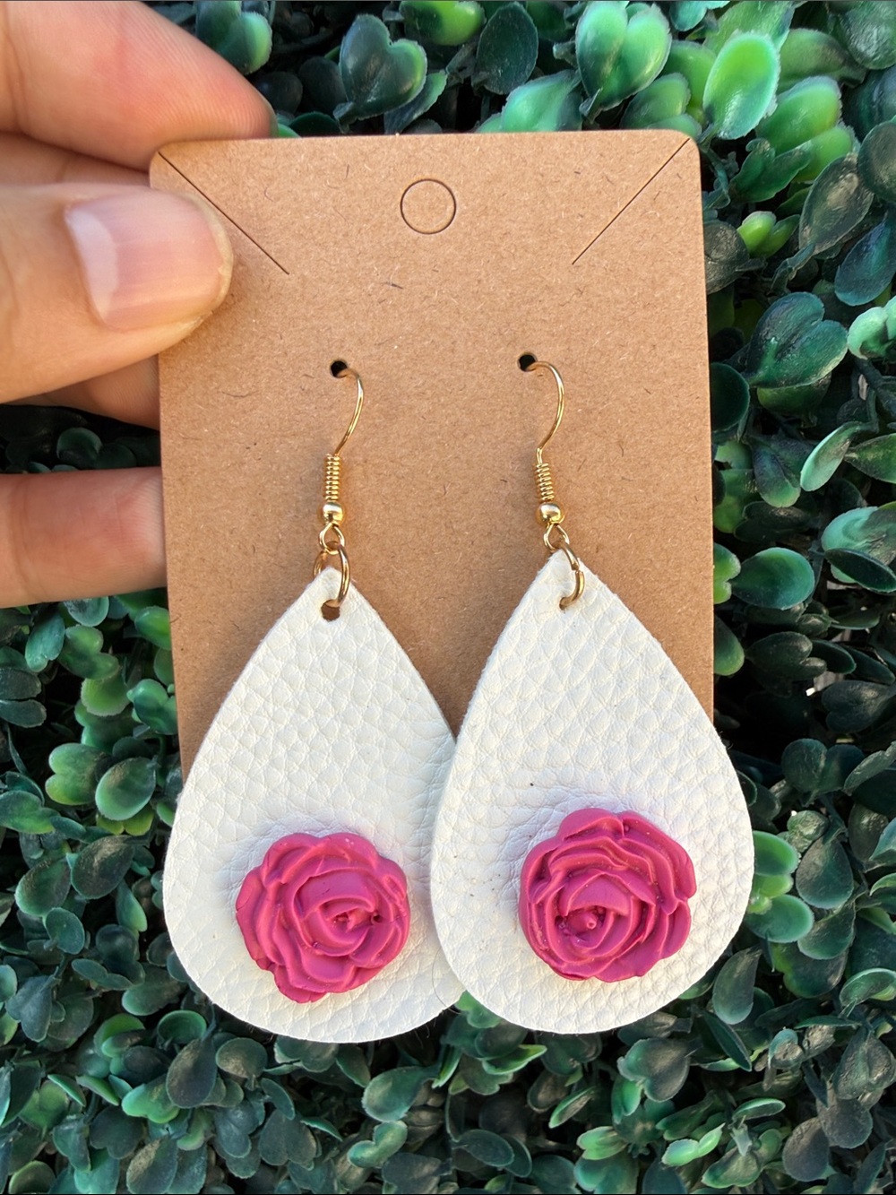 Handmade Faux Leather White Teardrop Earrings with Clay Pink Rose Accent